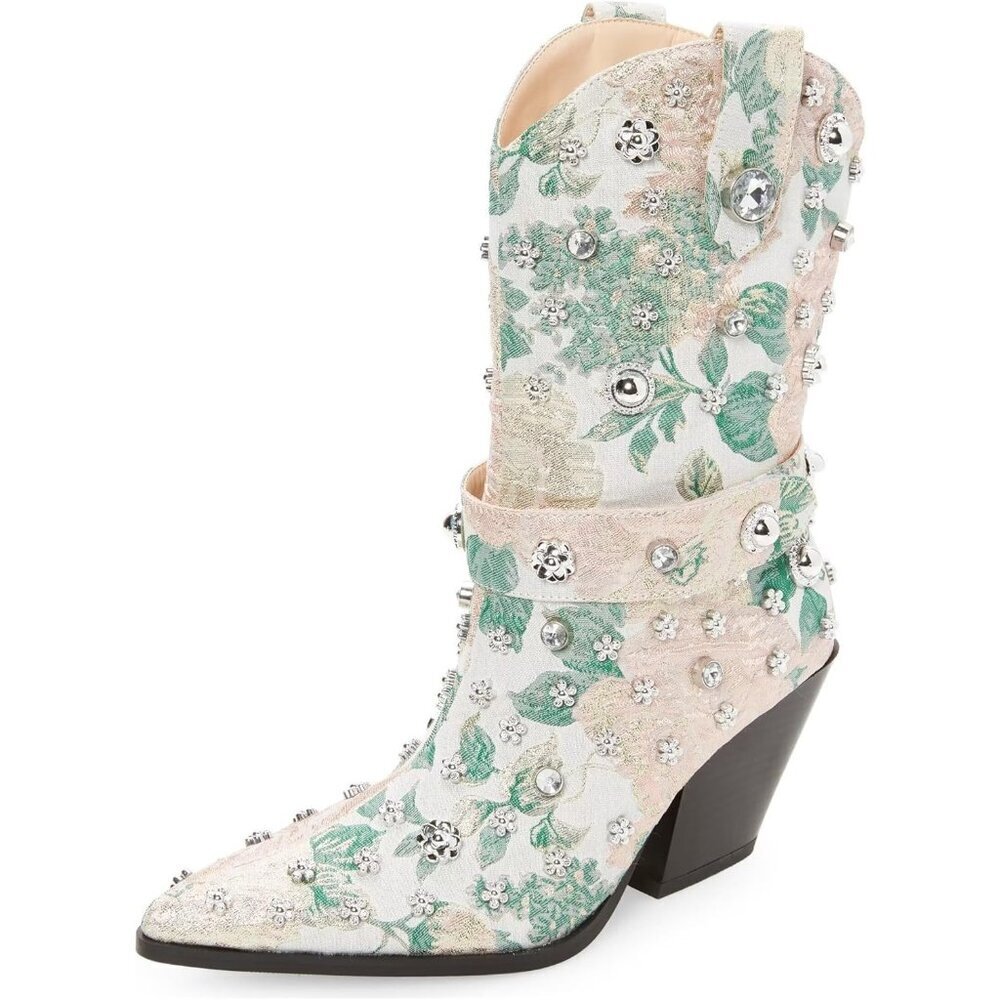 Green Flower Embroidered Rhinestone Mid Calf Pointed Toe Chunky Heel Cowgirl